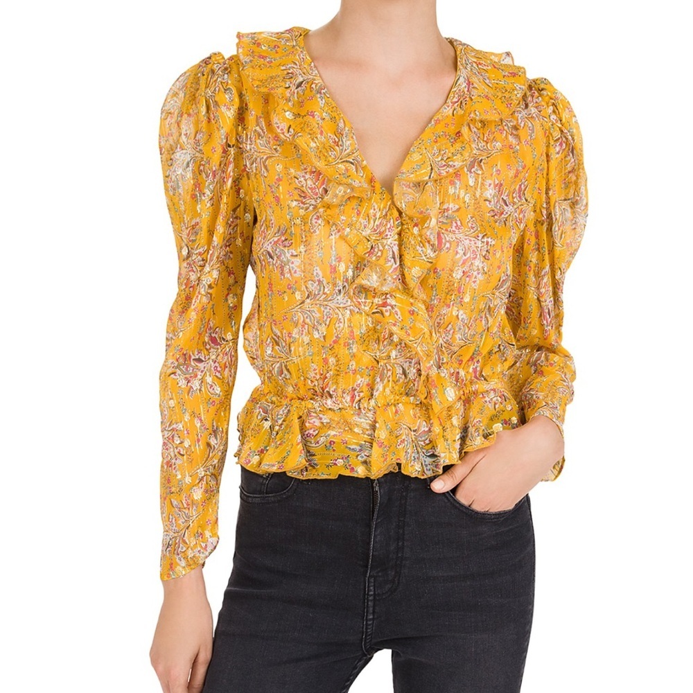The Kooples Feuille D'or Ruffled Floral Silk-Blend Top Size 1
